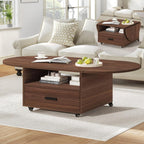 Walnut Oval Lift Top Coffee Table with Drawer and Wheels