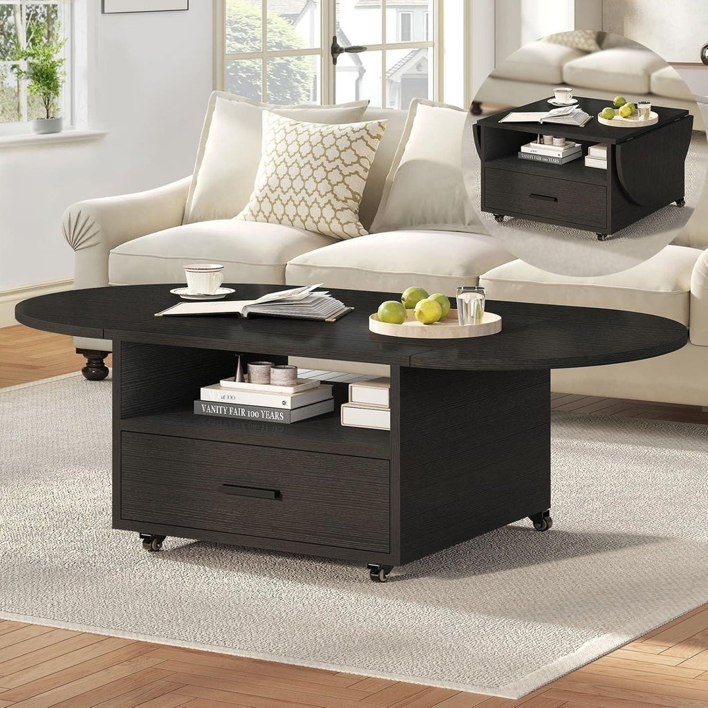 Walnut Oval Lift Top Coffee Table with Drawer and Wheels