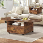 Walnut Oval Lift Top Coffee Table with Drawer and Wheels
