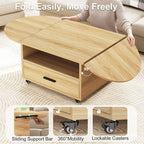 Walnut Oval Lift Top Coffee Table with Drawer and Wheels