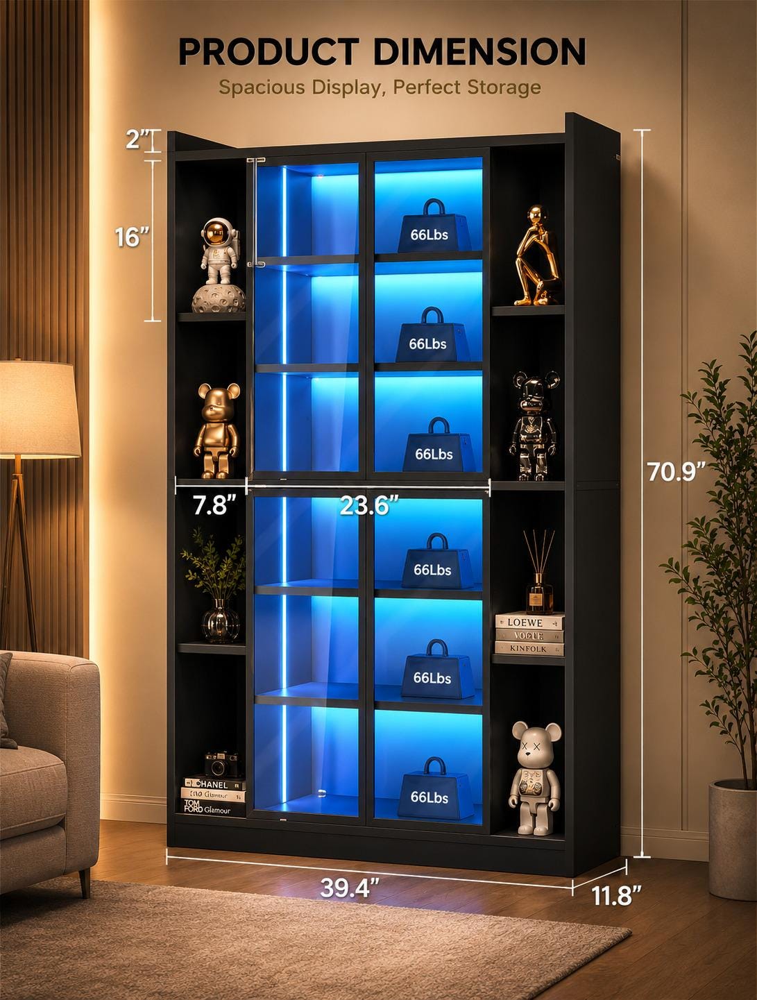 71" Display Cabinet with Acrylic Glass Doors, 6 Tier Display Cases for Collectibles, Curio Cabinet with LED Lights, Tall Bookcase