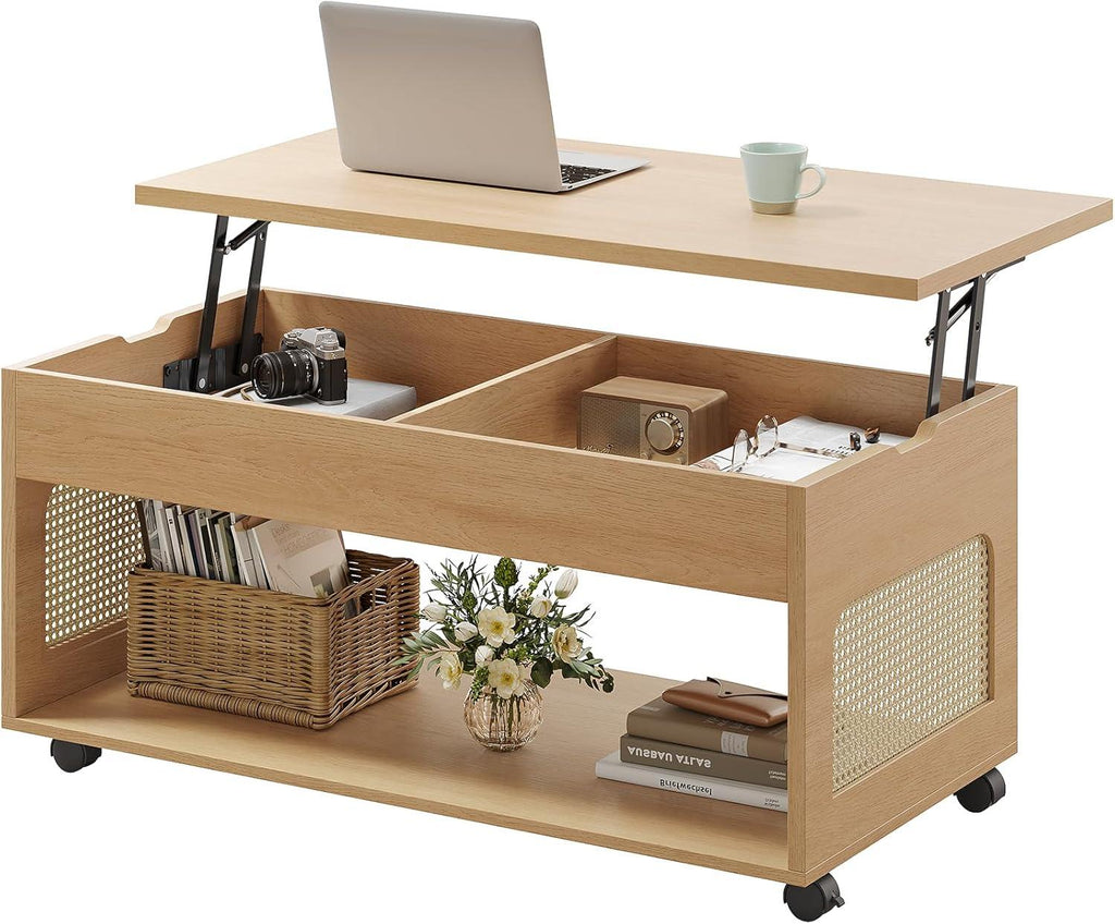 Lift Top Coffee Table with Rattan Storage, Hidden Compartment, Wheels