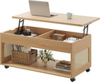 Lift Top Coffee Table with Rattan Storage, Hidden Compartment, Wheels