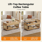 Lift Top Coffee Table with Rattan Storage, Hidden Compartment, Wheels