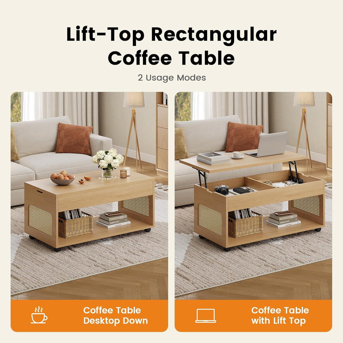 Lift Top Coffee Table with Rattan Storage, Hidden Compartment, Wheels