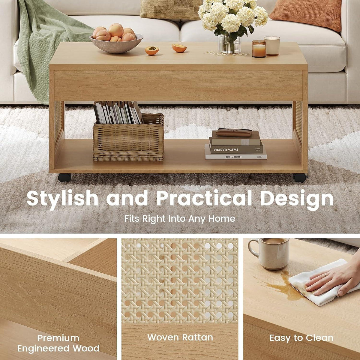 Lift Top Coffee Table with Rattan Storage, Hidden Compartment, Wheels