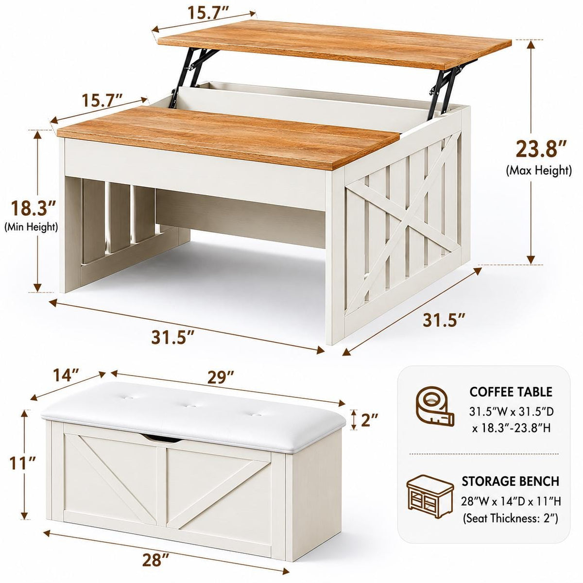 Lift Top Coffee Table with Hidden Storage Bench, Modern Wood Center Table