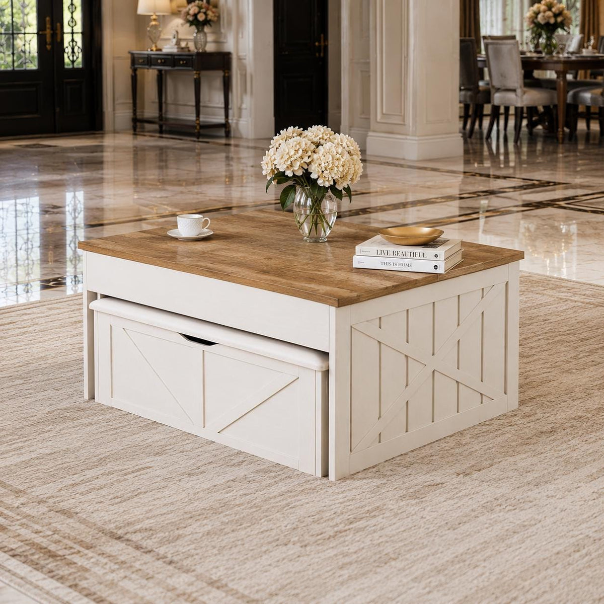 Lift Top Coffee Table with Hidden Storage Bench, Modern Wood Center Table