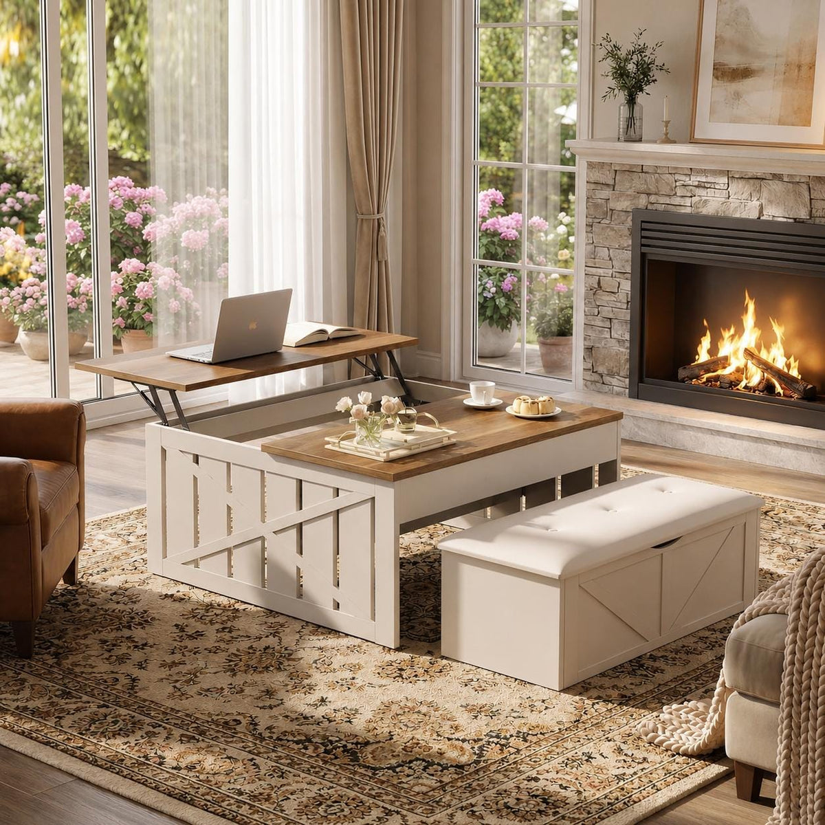 Lift Top Coffee Table with Hidden Storage Bench, Modern Wood Center Table