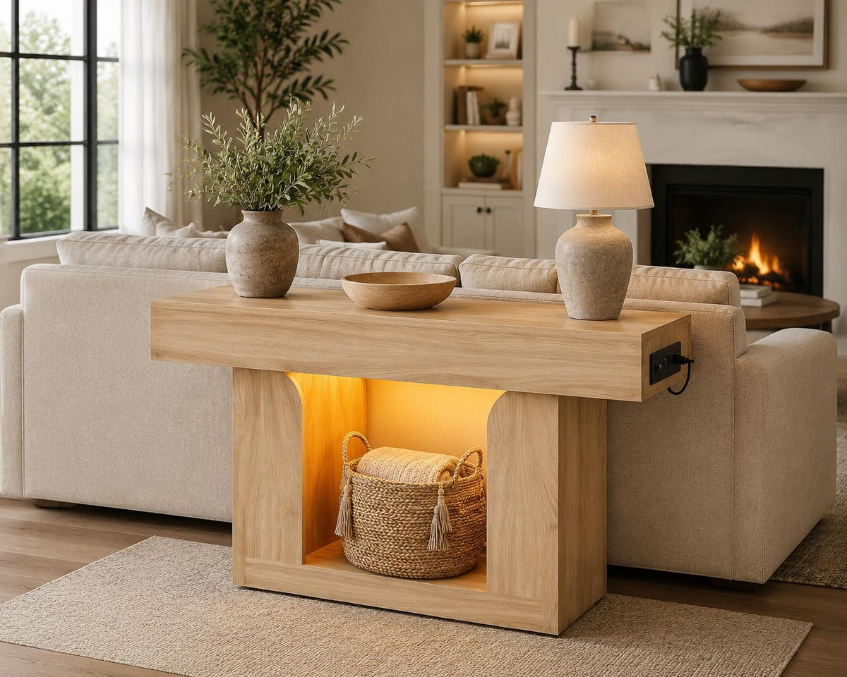 47" Farmhouse Console Table with LED Lights and Charging Station, Oak Wood Sofa Table