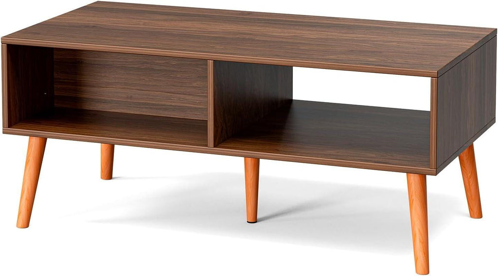 Rattan Coffee Table with Storage, Boho Wood Legs, Living Room Center Table