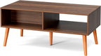 Rattan Coffee Table with Storage, Boho Wood Legs, Living Room Center Table