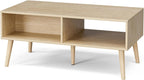 Rattan Coffee Table with Storage, Boho Wood Legs, Living Room Center Table