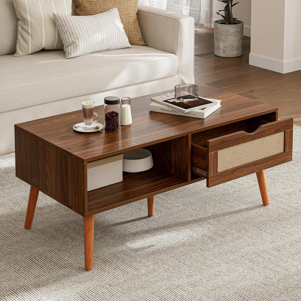 Rattan Coffee Table with Storage, Boho Wood Legs, Living Room Center Table