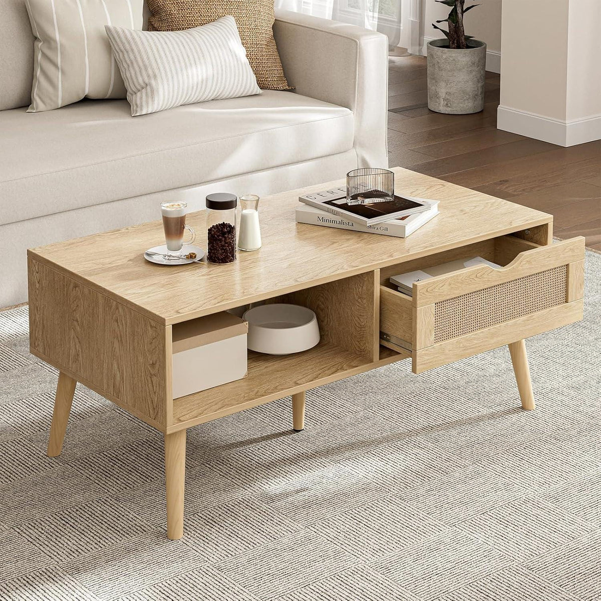 Rattan Coffee Table with Storage, Boho Wood Legs, Living Room Center Table