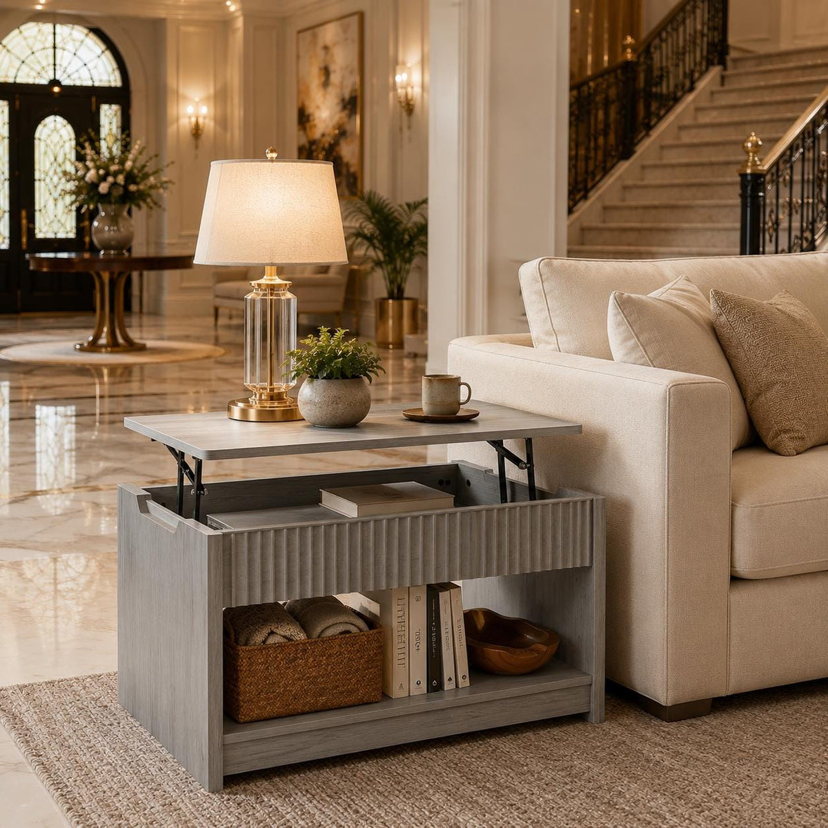 Lift-Top Coffee Table with Hidden Storage & Ottoman Bench, Modern Wood Coffee Table for Living Room
