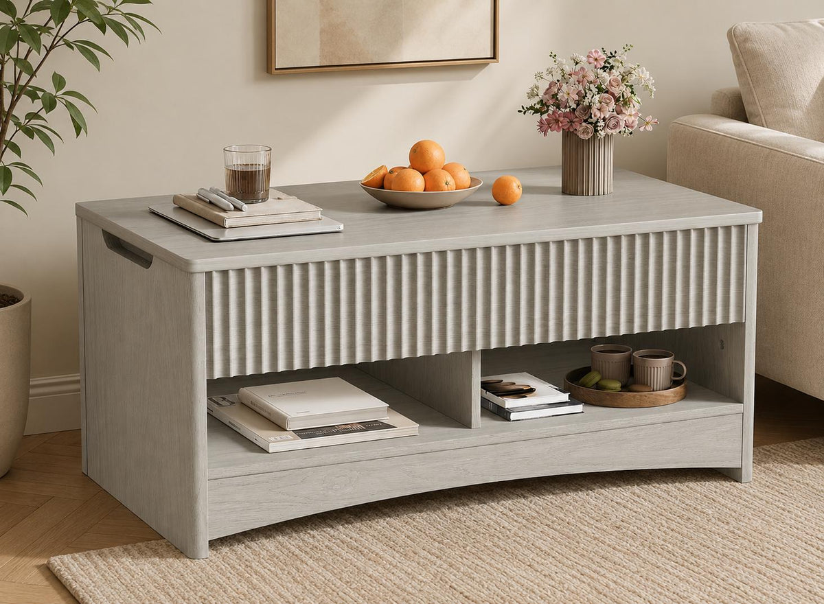 Lift-Top Coffee Table with Hidden Storage & Ottoman Bench, Modern Wood Coffee Table for Living Room