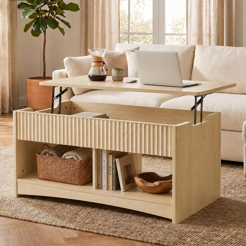 Lift-Top Coffee Table with Hidden Storage & Ottoman Bench, Modern Wood Coffee Table for Living Room