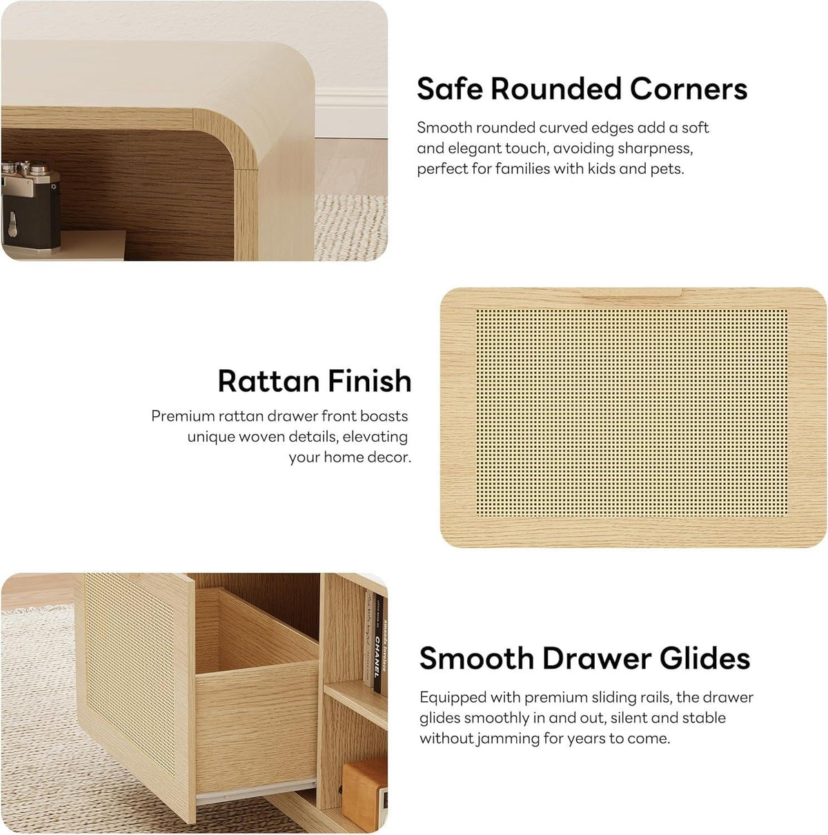 Modern Rattan Coffee Table with Storage Drawers, Adjustable Shelves