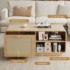 Modern Rattan Coffee Table with Storage Drawers, Adjustable Shelves
