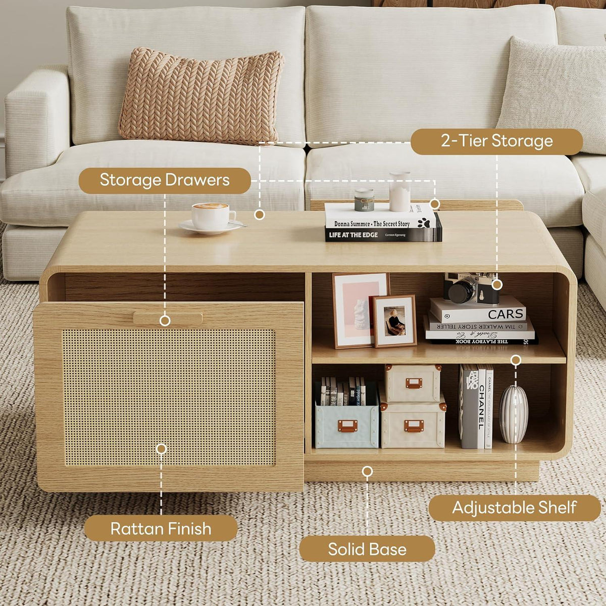 Modern Rattan Coffee Table with Storage Drawers, Adjustable Shelves