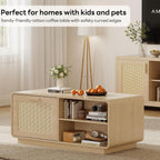 Modern Rattan Coffee Table with Storage Drawers, Adjustable Shelves