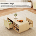 Modern Rattan Coffee Table with Storage Drawers, Adjustable Shelves