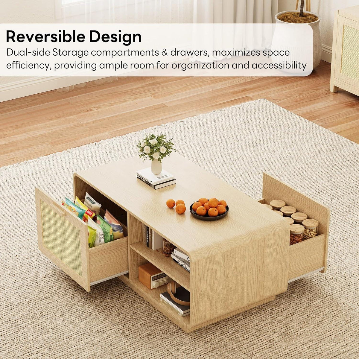 Modern Rattan Coffee Table with Storage Drawers, Adjustable Shelves