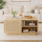 Modern Rattan Coffee Table with Storage Drawers, Adjustable Shelves