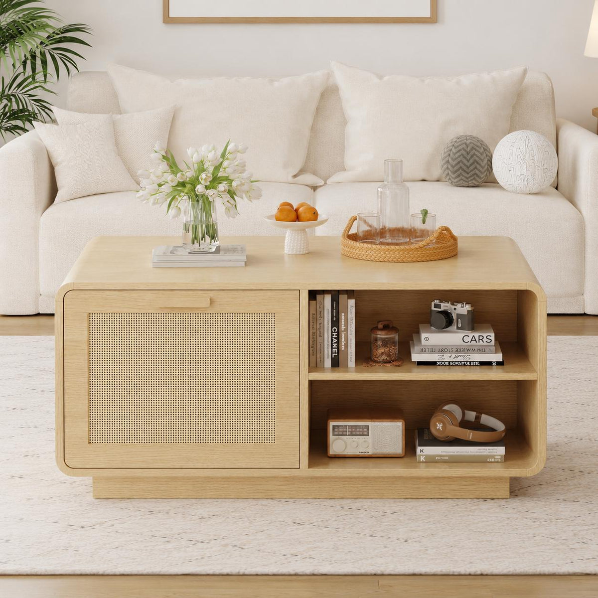 Modern Rattan Coffee Table with Storage Drawers, Adjustable Shelves