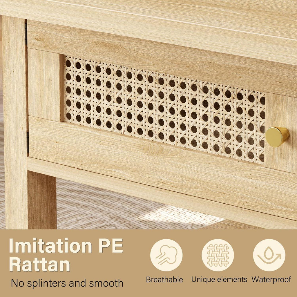 Oval Rattan Coffee Table with Storage, Modern Farmhouse Wood Center Table