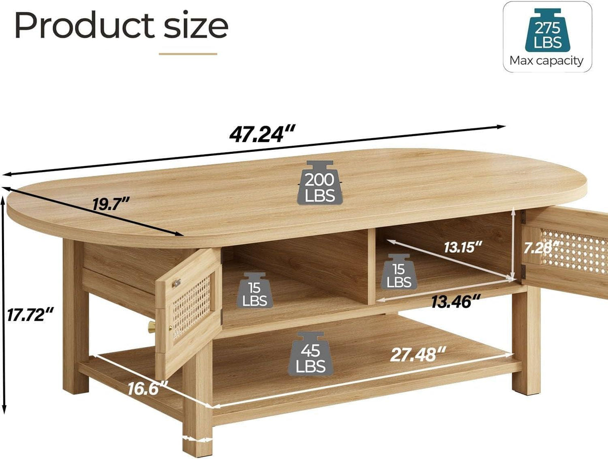 Oval Rattan Coffee Table with Storage, Modern Farmhouse Wood Center Table