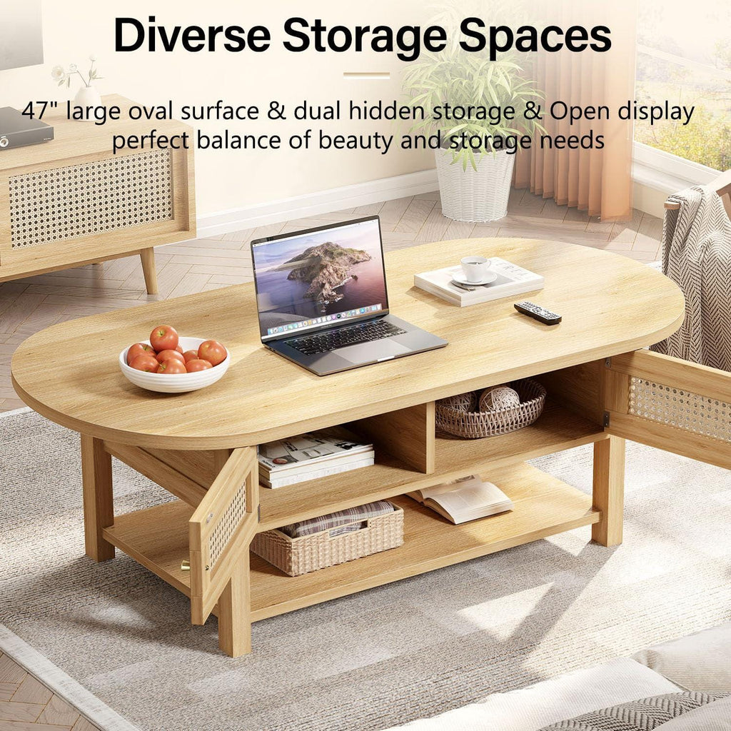 Oval Rattan Coffee Table with Storage, Modern Farmhouse Wood Center Table