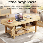 Oval Rattan Coffee Table with Storage, Modern Farmhouse Wood Center Table