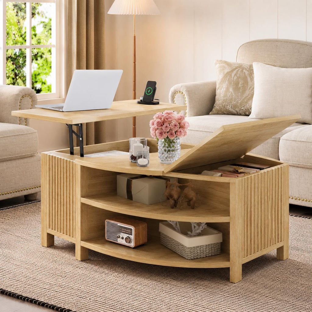 Walnut Lift-Top Coffee Table with Charging Station & Hidden Storage