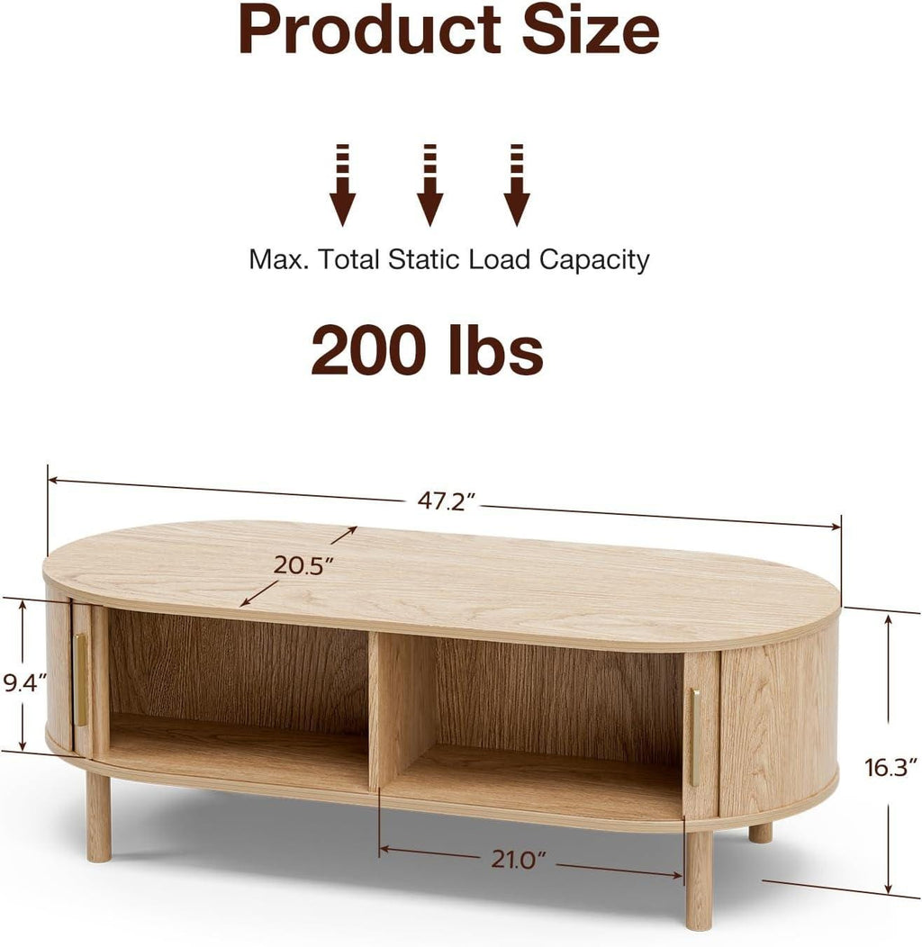 Modern Oval Coffee Table with Storage Cabinets, Light Oak Wood Center Table