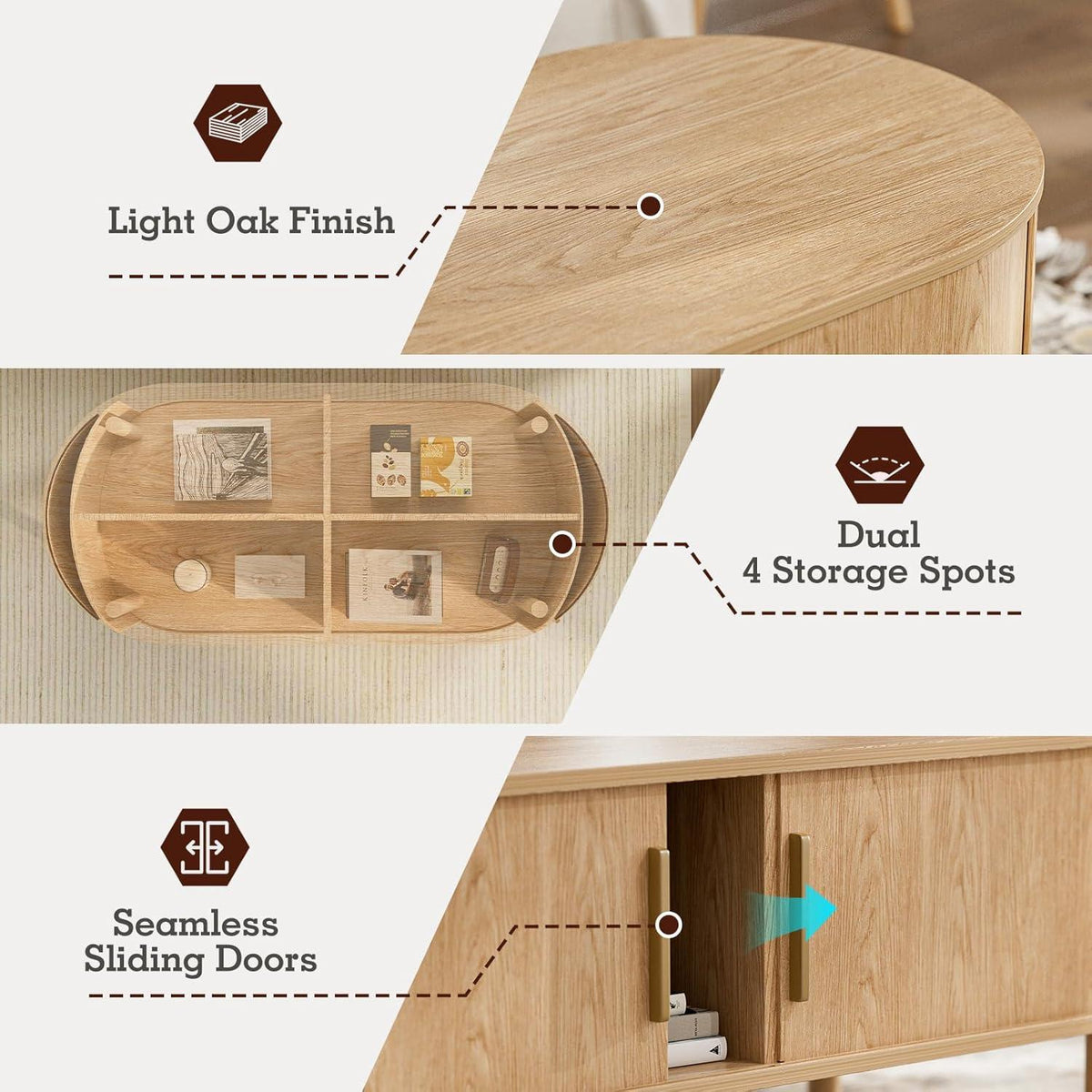 Modern Oval Coffee Table with Storage Cabinets, Light Oak Wood Center Table