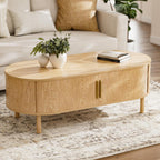 Modern Oval Coffee Table with Storage Cabinets, Light Oak Wood Center Table