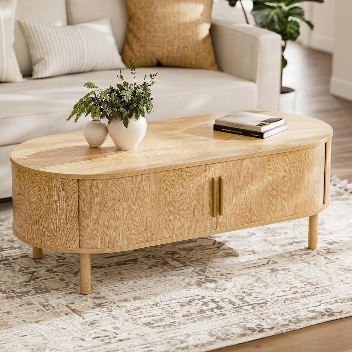 Modern Oval Coffee Table with Storage Cabinets, Light Oak Wood Center Table