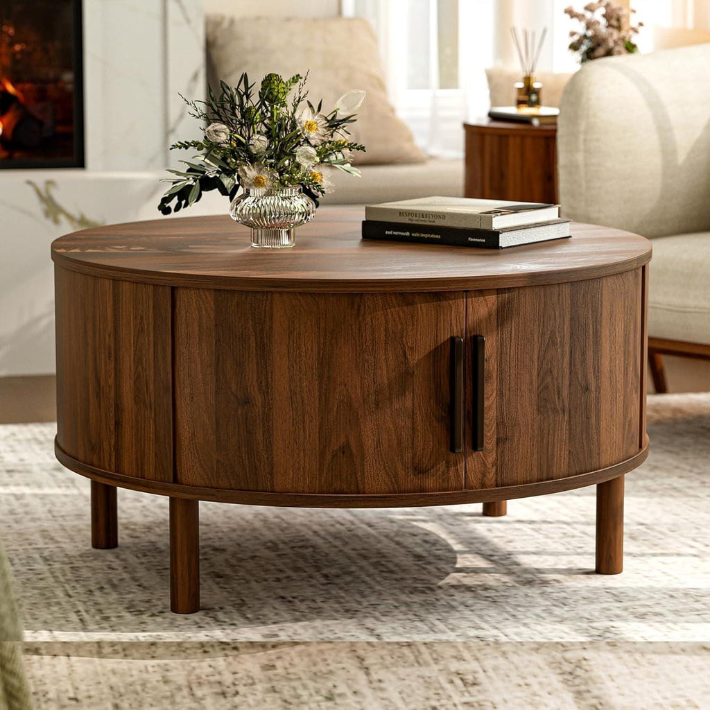 Round Coffee Table, Mid-Century Modern Storage Cabinet, Light Oak Finish, Sliding Doors