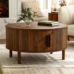 Round Coffee Table, Mid-Century Modern Storage Cabinet, Light Oak Finish, Sliding Doors