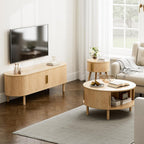 Round Coffee Table, Mid-Century Modern Storage Cabinet, Light Oak Finish, Sliding Doors