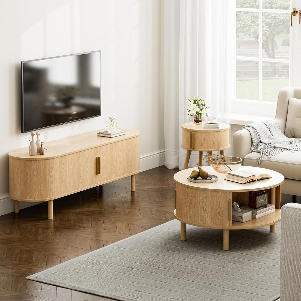 Round Coffee Table, Mid-Century Modern Storage Cabinet, Light Oak Finish, Sliding Doors