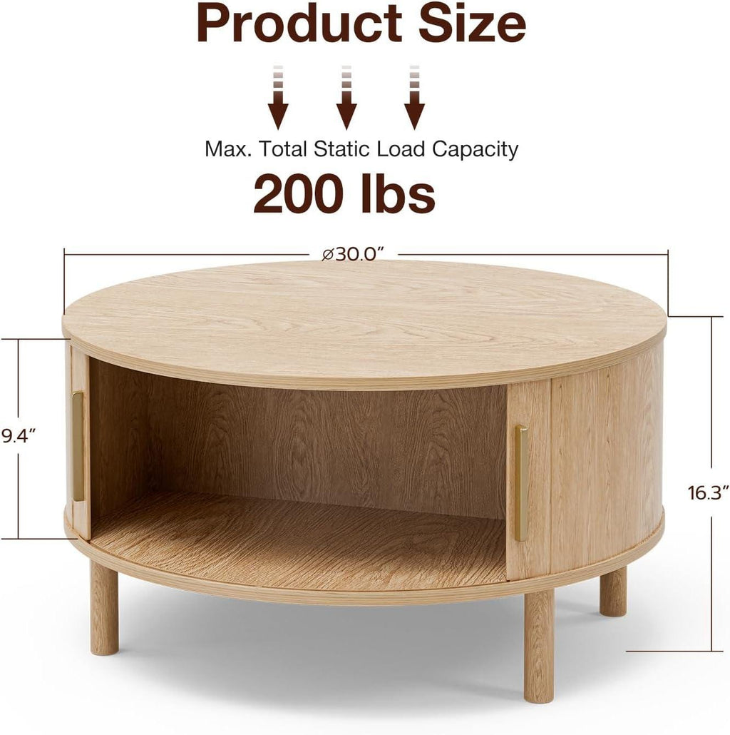 Round Coffee Table, Mid-Century Modern Storage Cabinet, Light Oak Finish, Sliding Doors