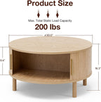 Round Coffee Table, Mid-Century Modern Storage Cabinet, Light Oak Finish, Sliding Doors