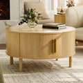 Round Coffee Table, Mid-Century Modern Storage Cabinet, Light Oak Finish, Sliding Doors