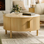 Round Coffee Table, Mid-Century Modern Storage Cabinet, Light Oak Finish, Sliding Doors