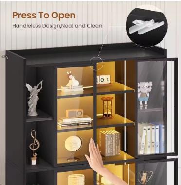 71" Tall Display Cabinet, 6 Tier Curio Case with LED Lights, Black Bookcase