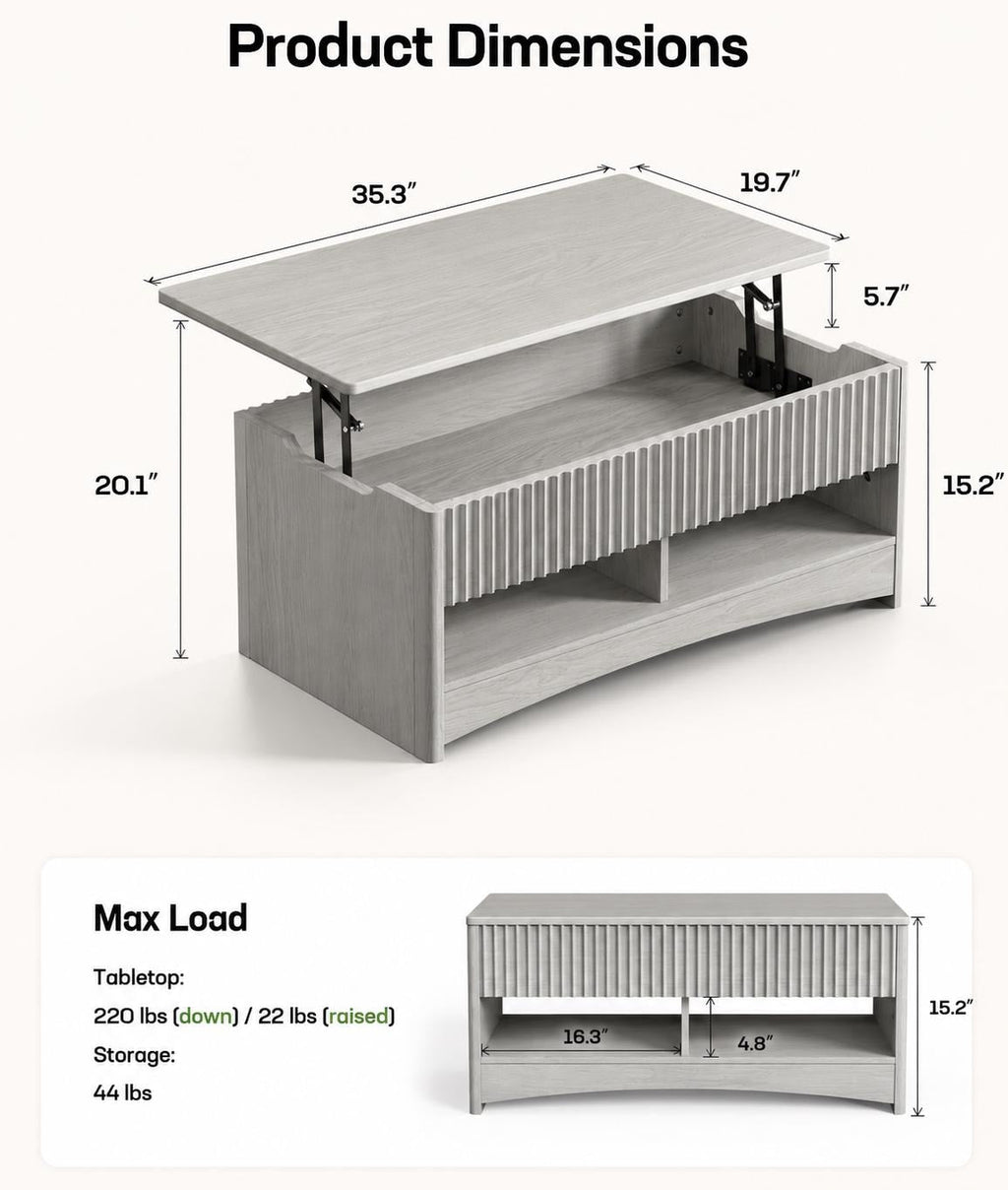 Lift Top Coffee Table with Hidden Storage, Modern Fluted Oak/Grey Finish