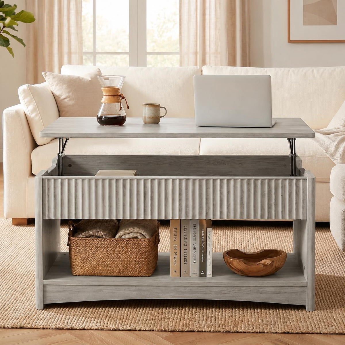 Lift Top Coffee Table with Hidden Storage, Modern Fluted Oak/Grey Finish